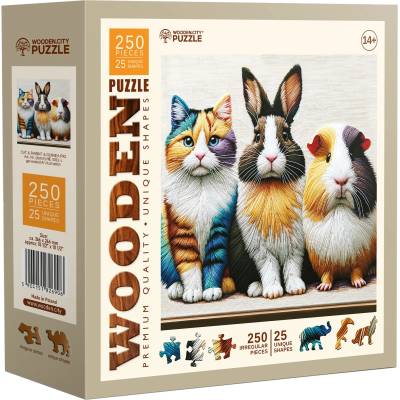 Wooden City Дървен пъзел Wooden City, 250 части - Коте, заек и морско свинче (HE 0311-L)