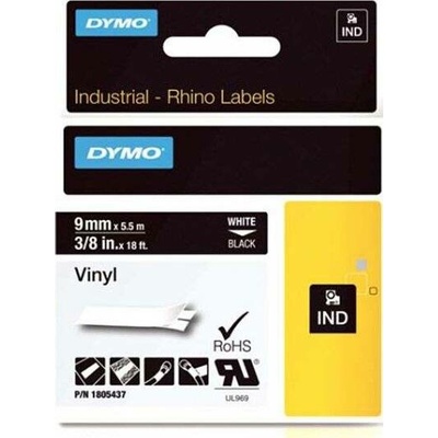 Dymo Rhino 1805437, 9mm x 5,5m, bílý tisk/černý podklad, originální páska