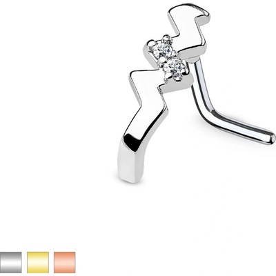 Šperky eshop zahnutý piercing do nosu z oceli cik cak linie drobné kulaté zirkony O15.12 Měděná