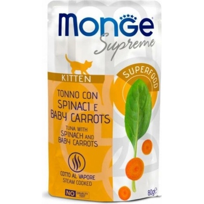 MONGE Supreme Kitten Flakes tuňák, špenát a baby karotka 80g