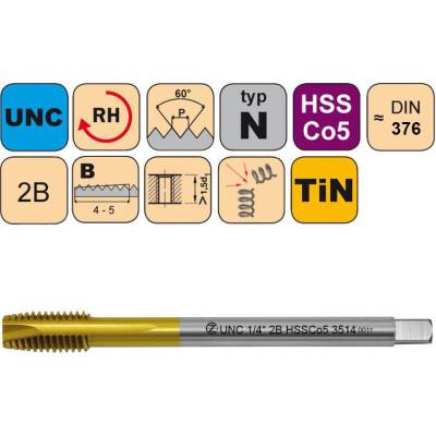 NÁSTROJE CZ Závitník strojní UNC 3/4"-10 2B HSSCo5 TiN DIN 376 B - CZZ3514-UNC-3/4"-10-2B