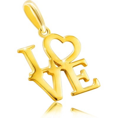 Šperky Eshop Přívěsek ze 14K žlutého zlata nápis LOVE velkými písmeny, srdíčko jako písmeno O S1GG235.15
