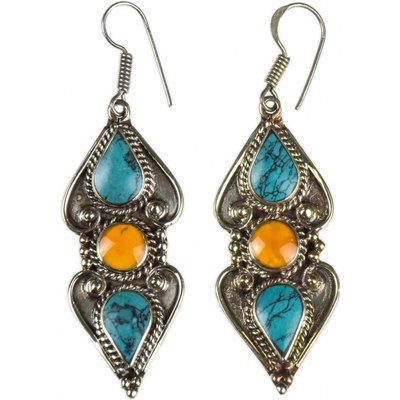 Sanu Babu Nepálské visací naušnice vykládané tyrkenitem a syntetický jantarem 60 mm