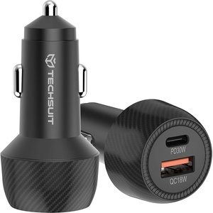 Techsuit - Зарядно за кола CarbonVolt (C7) - Бързо зареждане 48W, USB, Type-C, QC3.0 18W, PD30W - Черно