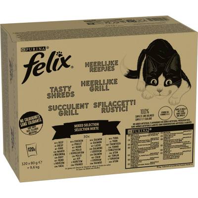 Felix Tasty Shreds hovädzie losos kura tuniak 120 x 80 g