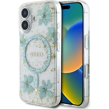GUESS Калъф Guess Resin Flowers Glitter MagSafe iPhone 16 - прозрачно зелен