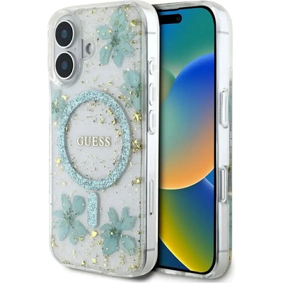 GUESS Калъф Guess Resin Flowers Glitter MagSafe iPhone 16 - прозрачно зелен