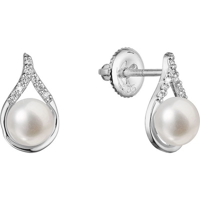 Pavona zlaté 14 karátové náušnice slza bílé zlato s říční perlou a brilianty 81PB00037