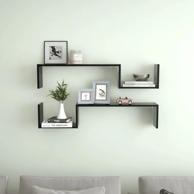 vidaXL Стенни рафтове, 2 бр, черни, 100x15x20 см, инженерно дърво (807269)