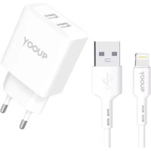 YOOUP Мрежово зарядно устройство с 2xUSB гнездо + Lightning кабел Yooup 12W NC76-B + NB36-5G-1M (NC76-B + NB36-5G-1M)