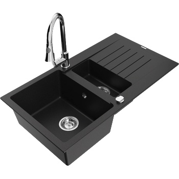 Mexen Matias гранитна мивка 1, 5 камери с отцедник и кухненски смесител Elia, черен - 6502-77-670101-00 (6502-77-670101-00)