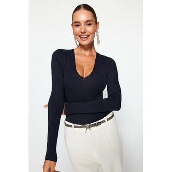 Trendyol tmavě modrý pletený body s hlubokým výstřihem do V