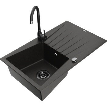 Mexen Cesar гранитна мивка с 1 отделение с отцедник и кухненски смесител Telma, черен/златен - 6514-75-670200-70-B (6514-75-670200-70-B)
