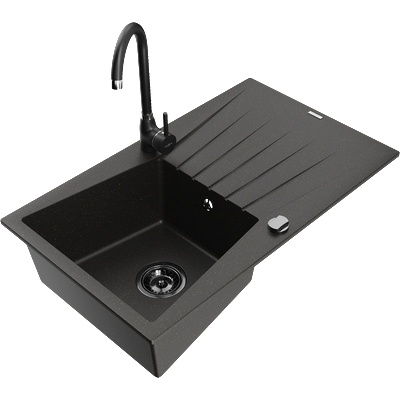 Mexen Cesar гранитна мивка с 1 отделение с отцедник и кухненски смесител Telma, черен/златен - 6514-75-670200-70-B (6514-75-670200-70-B)