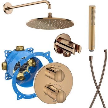 Roca Комплект за вграждане за баня, RocaBox + термостатен смесител T-1000, душ глава със стенно рамо, ръчен душ с шлаух, стенно коляно с държач, Rose Gold (173410)