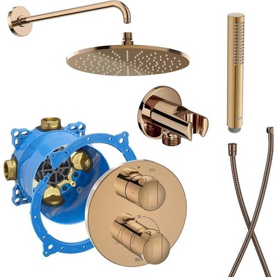 Roca Комплект за вграждане за баня, RocaBox + термостатен смесител T-1000, душ глава със стенно рамо, ръчен душ с шлаух, стенно коляно с държач, Rose Gold (173410)