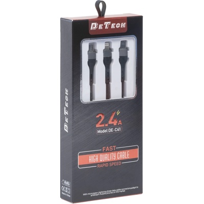 DeTech Кабел за зареждане DeTech DE-C41, 3in1, Micro USB, Lightning, Type-C, 1.0m, Black - 40204 (DE-40204)