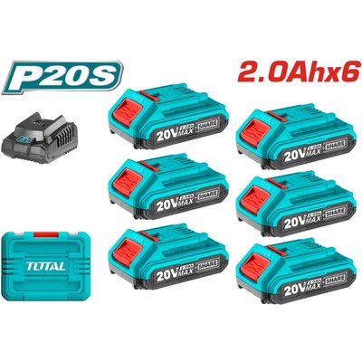 TOTAL Комплект акумулаторни батерии и зарядно TOTAL INDUSTRIAL, Li-Ion, 20 V, 2.0 Ah, 6 броя (TL IND TFBCLI2062)
