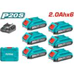 TOTAL Комплект акумулаторни батерии и зарядно TOTAL INDUSTRIAL, Li-Ion, 20 V, 2.0 Ah, 6 броя (TL IND TFBCLI2062)