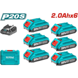 TOTAL Комплект акумулаторни батерии и зарядно TOTAL INDUSTRIAL, Li-Ion, 20 V, 2.0 Ah, 6 броя (TL IND TFBCLI2062)