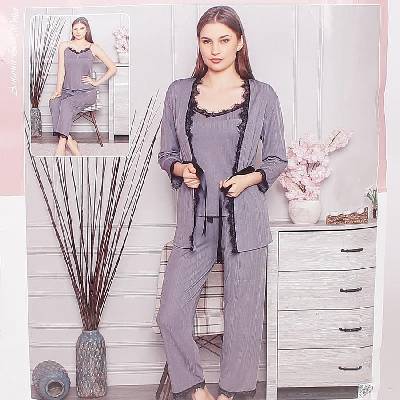 Дамска сива пижама с дантела от 3 части
