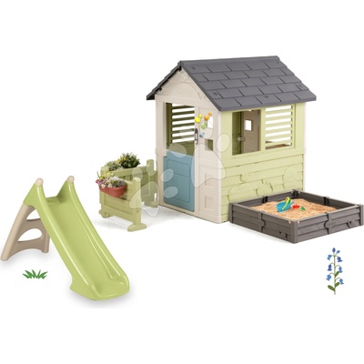 Smoby Set domček s pieskoviskom a šmykľavka XS s vodotryskom Square Playhouse Life rozšíriteľný s elektronickým zvončekom a predzáhradkou
