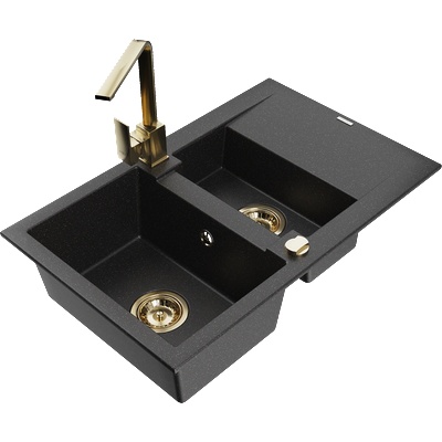 Mexen Gaspar гранитна мивка 1, 5-коморова с отцедник и кухненски смесител Rita, черен/сребрист металик - 6507-73-670300-50 (6507-73-670300-50)