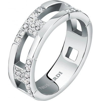 Trussardi oceľový prsteň so zirkónmi T-Logo TJAXC40