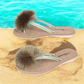 Ежедневни чехли в зелено с понпон