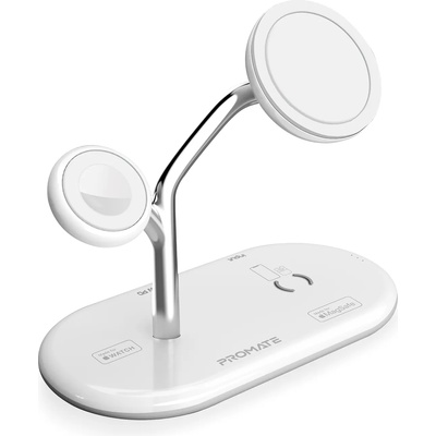 Promate Безжично зарядно ProMate Synergy, MFI Certified 65W High Speed MagSafe Charging Station 15W Qi Charging 5W Apple Watch Charger 10W Qi Charger 24W USB-C Power Delivery Qi Certified, Бял