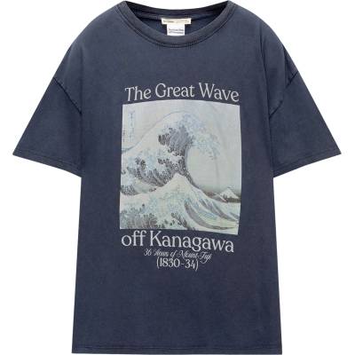 Pull&Bear Тениска 'OLA KANAGAWA' синьо, размер L