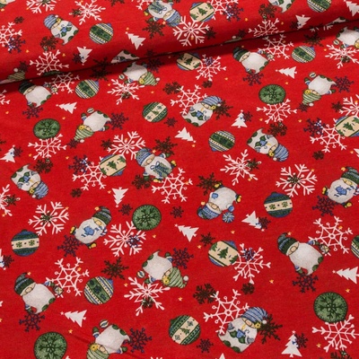 Směsové plátno vánoční DUNDI ČERVENÁ skřítci, vločky a baňky, š.140cm (látka v metráži)