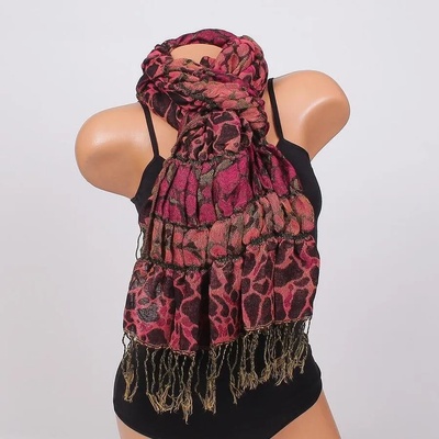 Дамски шал с набран ефект и ресни в розово и жълто