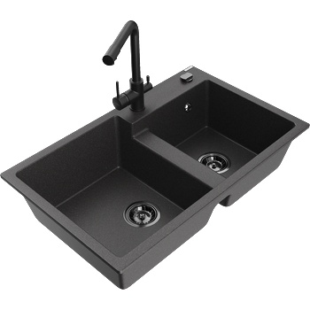 Mexen Tomas гранитна мивка с 2 камери с кухненски смесител Duero, черен с пръски - 6516-76-671600-70-B (6516-76-671600-70-B)