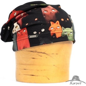 Dámská spadnutá čepice černá s potiskem koček