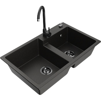 Mexen Tomas гранитна мивка с 2 отделения и кухненски смесител Telma, черен/златист металик - 6516-75-670200-70-B (6516-75-670200-70-B)