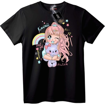 NOONEBRAND Тениска Kawaii аниме момиче с плюшена мечка - M, White