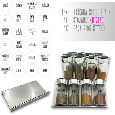Orion Sada kořenek SPICE BLACK 100 ml + 4 ks nerezový organizér na kořenky VASKY 16 ks