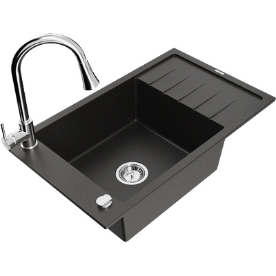 Mexen Elias гранитна мивка с 1 отделение, отцедник и кухненски смесител Elia, черен/златен металик - 6511-75-670101-00 (6511-75-670101-00)