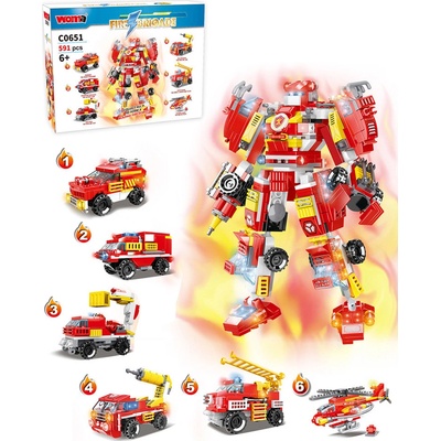 Woma Stavebnice hasiči 6v1, 5 hasičských aut a vrtulník nebo velký robot hasič, 591 ks