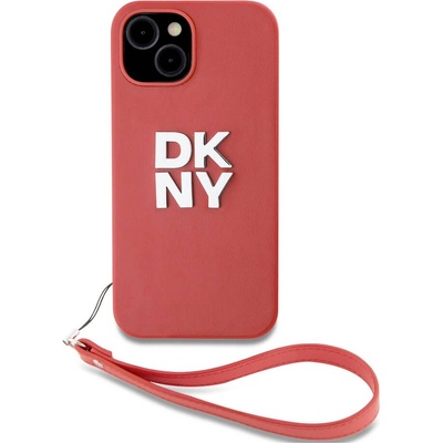 DKNY Stack Logo Wrist Strap Leather Hard Case - дизайнерски кожен кейс с връзка за носене за iPhone 13 (червен)