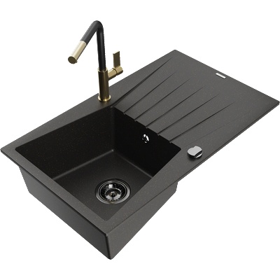 Mexen Cesar мивка от гранит, еднокамерна с отцедник и кухненски смесител Flora, черен/златен металик - 6514-75-670401-57-B (6514-75-670401-57-B)