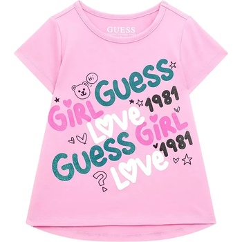 GUESS Розова тениска с къс ръкав с цветни надписи отпред за момиче Guess