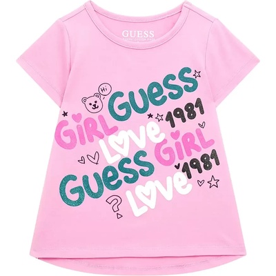 GUESS Розова тениска с къс ръкав с цветни надписи отпред за момиче Guess
