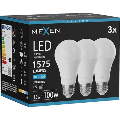 Mexen Nova 3х LED крушка E27, A60, 15W, Студена - 6500K, 1575 lm - L100-E27-1565-01x03 (L100-E27-1565-01x03)