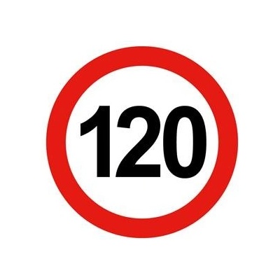 Nejvyšší omezená/konstrukční rychlost vozidla 120 km, bezpečnostní tabulka, samolepka - kruh 20 cm