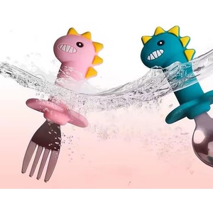 Babyhome Комплект лъжичка и виличка със силиконова дръжка - Дино Цвят динозавър-розов (br44-1)