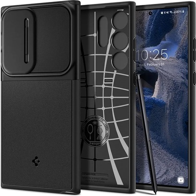 Spigen Optik Armor Case - тънък качествен силиконов (TPU) калъф с капак за камерата за Samsung Galaxy S23 Ultra (черен)
