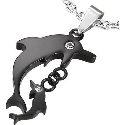 Šperky eshop Černý přívěsek z chirurgické oceli velký a malý delfín se zirkony G6.15