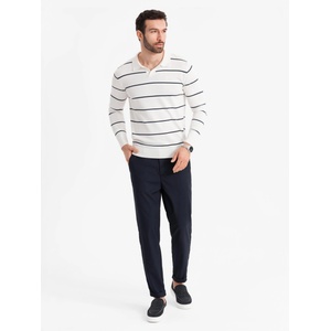 Ombre Clothing Мъжка поло риза с дълъг ръкав и хоризонтални ивици от вискоза - бяла и тъмносиня Ombre Clothing | Byal | МЪЖЕ | S
